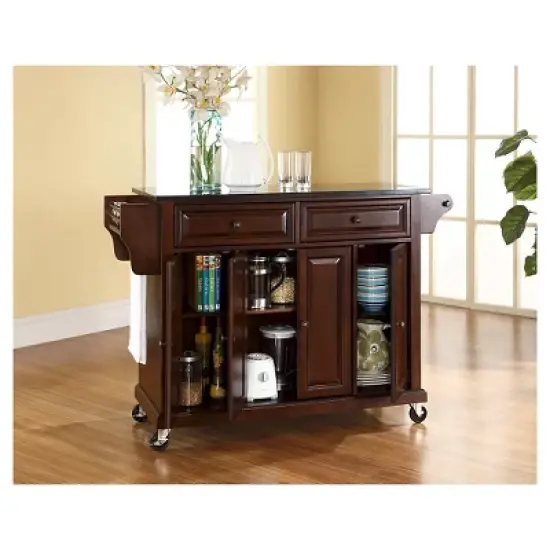 Solid Black Granite Top Kitchen Cart/Island - Vintage Mahogany - Crosley image {3}