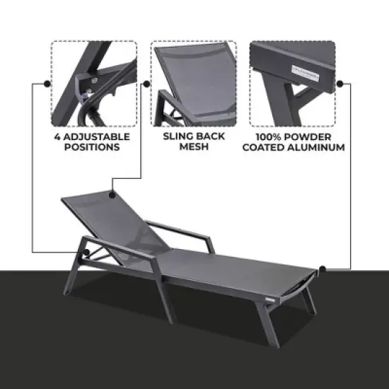 LeisureMod Marlin Patio Sling Chaise Lounge Chair With Arms in Black Aluminum image {1}