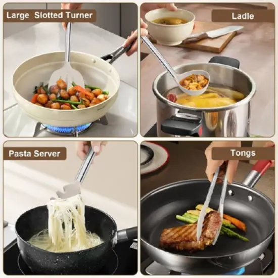 Itopfox 8-Piece Kitchen Utensils Set with Heat-Resistant Silicone Heads & Stainless Steel Handles, Includes Spatula Tongs, Spoon, Ladle, Pasta Server image {5}