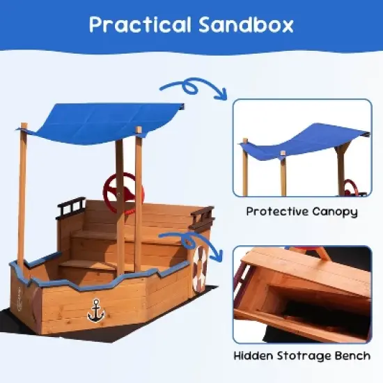 Outdoor Sandbox with Cover & Rudder, Pirate Ship Wooden Sand Box for Kids Ages 3-8, Children Outdoor Play Equipment, Brown image {6}