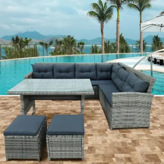 6pc Wicker Patio Set with Glass Table Ottomans - Gray/Dark Gray - GODEER image {1}
