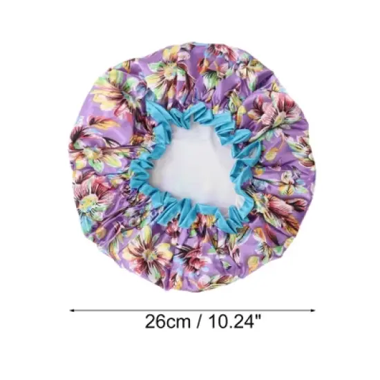 Unique Bargains Women Double Layer Flowers Shower Cap Purple 1 Pc image {1}