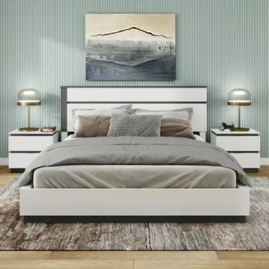 3pc Queen Pape Modern Bed with 2 Nightstands White/Metallic Gray - miBasics: Contemporary Furniture Set image {25}