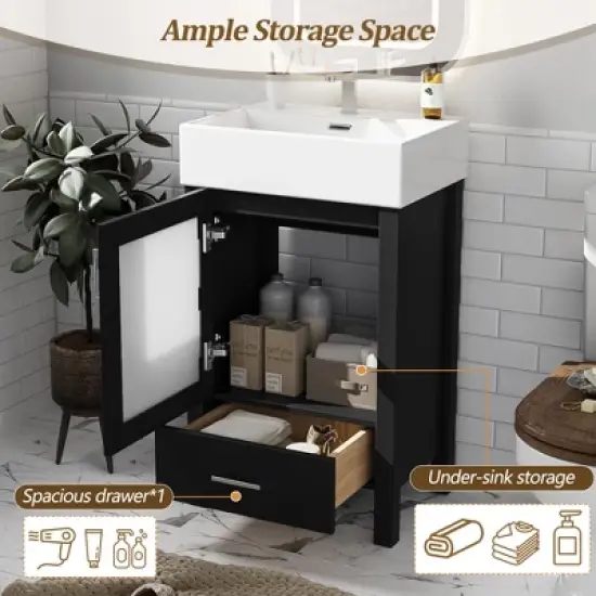 MOEPISY 20 Inch Bathroom Vanity With Ceramic Sink And Ample Storage, Ideal For Small Bathrooms, Black image {4}