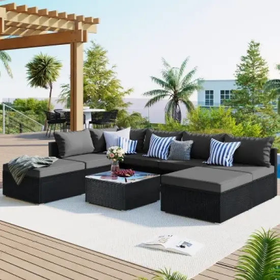 8-Piece Outdoor Patio Conversation Set, Wicker Patio Couch Sectional Sofa Set with Cushions, Ottoman and Coffee Table &ndash; Cuddlewood image {8}