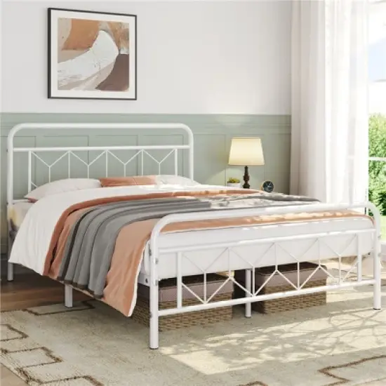 Yaheetech Queen Size Vintage Metal Bed Frame with Headboard, White image {1}