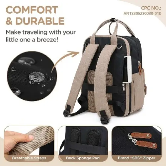 Itopfox Expandable Diaper Backpack for Twins - Dual Compartments, 26-36L Capacity, Includes Changing Pad & Stroller Straps, Unisex Black Khaki image {5}