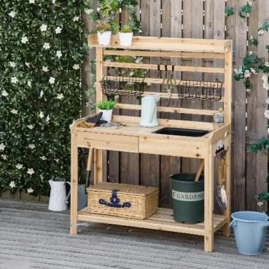 PAGED Wooden Outdoor Potting Bench Table with Removable Sink, Garden Potting Table for Outdoors with Chalkboard, Drawer, Open Shelf Storage image {11}