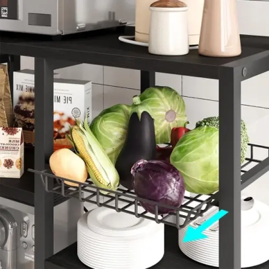 Bakers Rack with Power Outlet, Coffee Bar with Wire Drawer, Microwave Stand, Kitchen Baker Table with Large Storage image {5}
