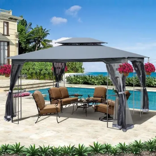 Sevobal Patio Umbrellas Outdoor Patio Gazebo Canopy Tent With Ventilated Double Roof And Detachable Mesh Screen On All Sides, Gray, 165"*120"*108" image {4}