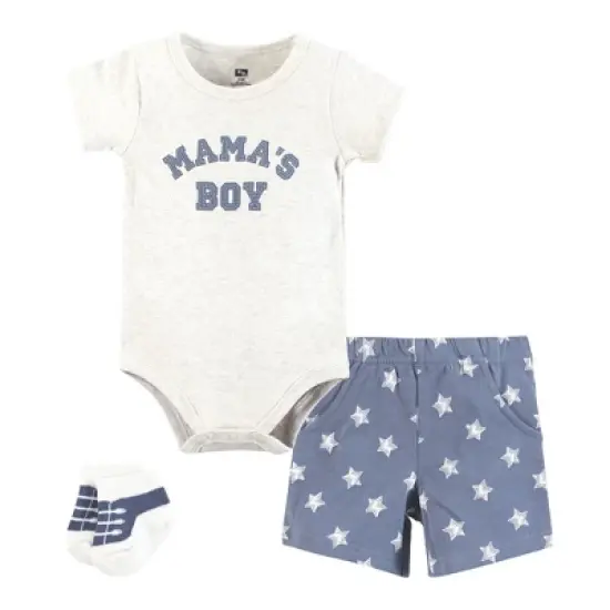 Hudson Baby Infant Boys Bodysuit, Short and Sock, Mamas Boy Blue Star image {4}