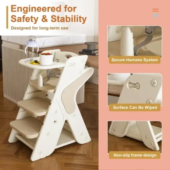 Angel Sar 3-in-1 Adjustable Height Toddler Tower & High Chair, Multi Functional Learning Tower with 5-Point Harness for Kitchen, Dining, and Play image {4}