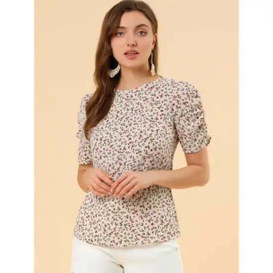 Allegra K Women's Floral Crew Neck Summer Casual Shirred Short Sleeve Blouse image {2}