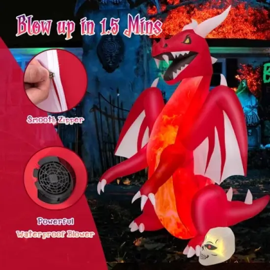 Costway 8 FT Halloween Inflatable Red Dragon with Wings & Skull Holiday Decoration Light image {7}