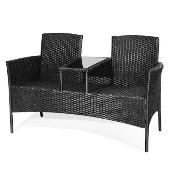 Tangkula Outdoor Conversation Furniture Set Rattan Wicker Loveseat Sofa Chair image {4}