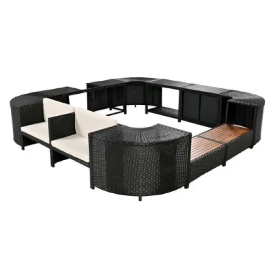 Outdoor Patio Rattan Spa Surround Frame Sofa Set with Storage Spaces and Wooden Bench image {8}