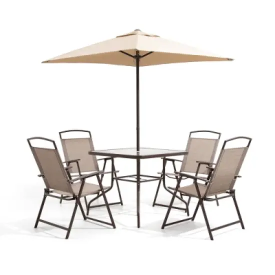 6pc Patio Dinning Set with 4 Folding Chairs Glass Table and Tan Umbrella without Base - Crestlive Products image {9}