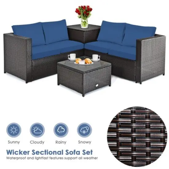 Costway 4PCS Patio Rattan Furniture Set Cushioned Loveseat Storage Table Navy image {9}
