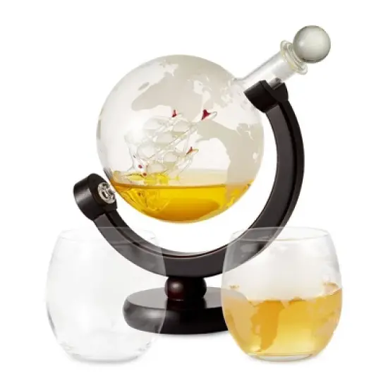 Berkware Globe Etched Whiskey Decanter Set with Interior Hand-Crafted Glass Ship - 28oz with 2 10oz Globe Glasses image {7}