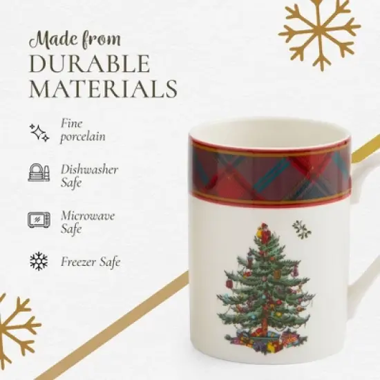 Spode Christmas Tree Tartan 10oz Mug & 8" Tray Set (3-Piece Set) - Festive Porcelain Mugs with Melamine Tray, Dishwasher & Microwave Safe image {3}