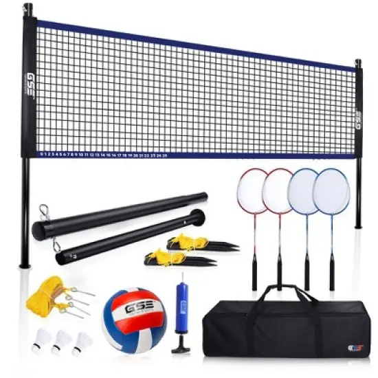 GSE Badminton/Volleyball Combo Set with Net, Volleyball with Pump, 4 Badminton Rackets, 3 Shuttlecocks & Carrying Bag (Portable/Professional) image {8}