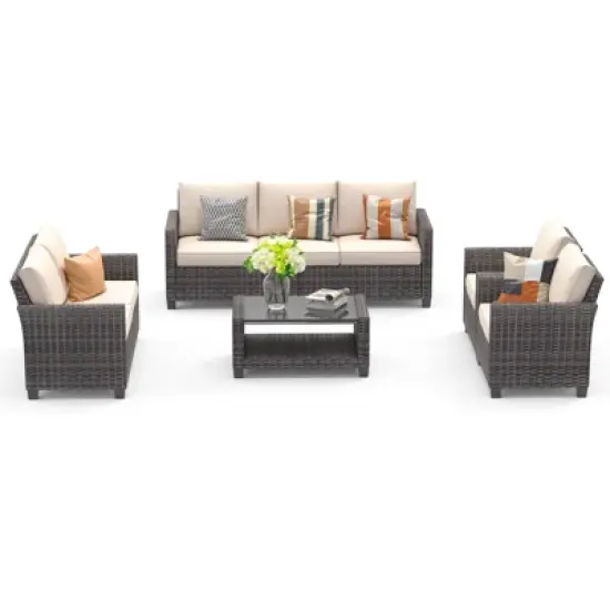 5-Piece Outdoor Patio Furniture Set, 7-Seat PE Rattan Sectional Sofa with Storage Table & Water-Repellent Cushions, Backyard, Deck, Poolside image {5}