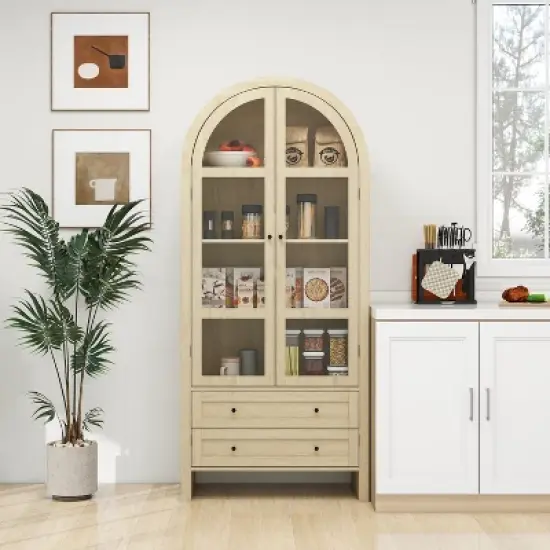70.28" Tall Arched Kitchen Pantry Cabinet with Acrylic Doors, Adjustable Shelves, Drawers, Modern Farmhouse Storage Hutch for Kitchen, Dining Room image {8}