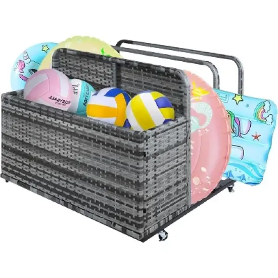 Outdoor Poolside Float Storage, Wicker Patio Poolside Storage Basket, Pe Rattan Rolling Pool Caddy with Wheels, Fade Resistant, Pool Toy Storage Bin image {5}