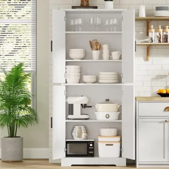 Homhougo 70in Tall Kitchen Pantry Cabinet, Freestanding Storage Cabinet with 4 Doors and Adjustable Shelves, Large Utility Hutch Cupboard White image {4}