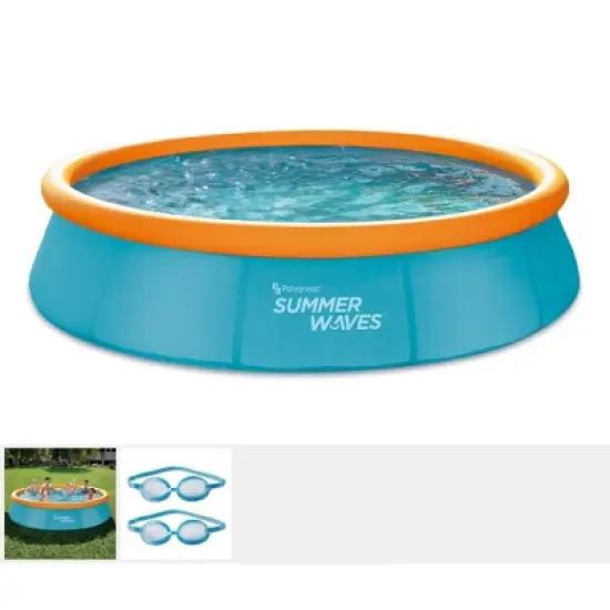Summer Waves P10012303 12 Foot Wide Quick Set Inflatable Top Ring Kiddie Swimming Pool with Deep Sea Ocean Life Graphics and 3D Goggles, Blue image {1}