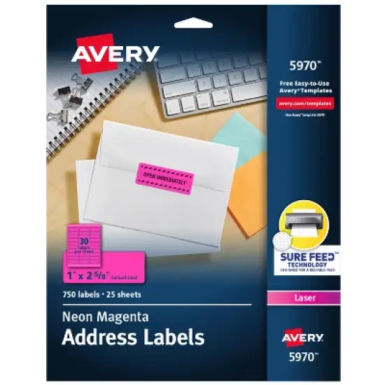 Avery Neon Address Labels with Sure Feed for Laser Printers, 1" x 2 5/8", 750 Pink Labels (5970) image {7}