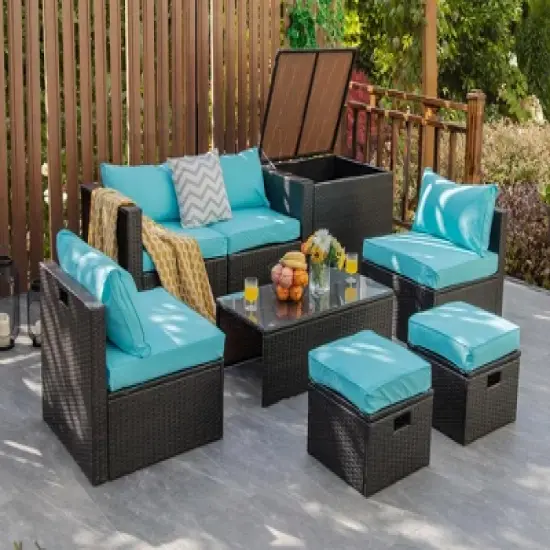 Costway 8PCS Patio Rattan Furniture Set  Space-Saving Storage Cushion Black\Turquoise\Navy cover image {12}