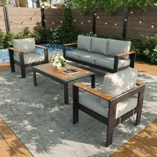 LayinSun 4 Pieces Aluminum Outdoor Patio Furniture Set with Coffee Table, Outside Metal Patio Conversation Sets with Deep Seating and Thick Cushions image {9}