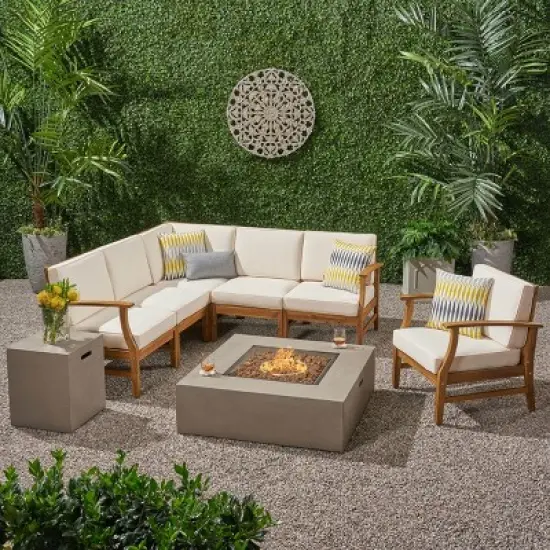 Christopher Knight Home Illona Outdoor Acacia Wood 6 Seater Sectional Sofa and Club Chair Set with Fire Pit image {12}