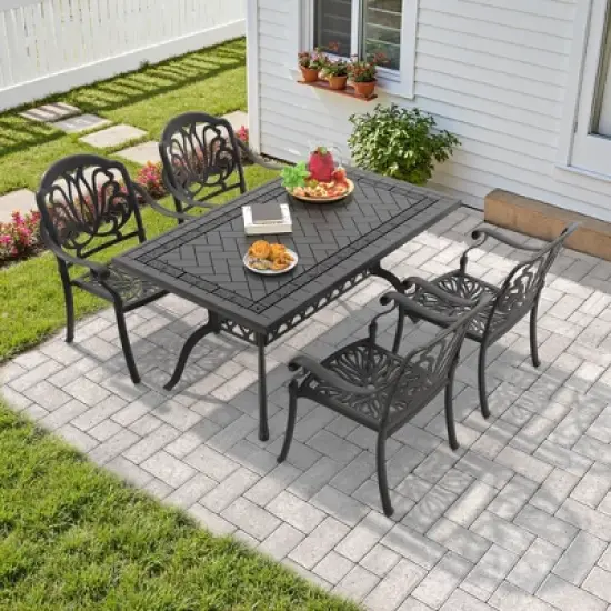 5-Piece Cast Aluminum Outdoor Dining Set: Rectangle Table, 4 Stackable Chairs & Brown Cushions - All-Weather Patio Furniture for Your Backyard image {1}