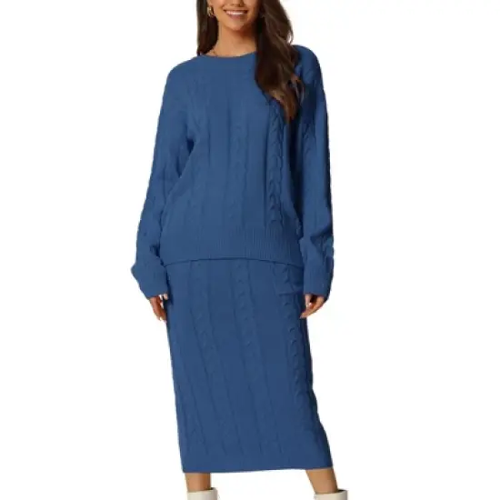 Seta T Womens' Fall Winter Casual Crewneck Sweater Two Pieces Outfit Midi Skirts with Pockets Lounge Set image {13}