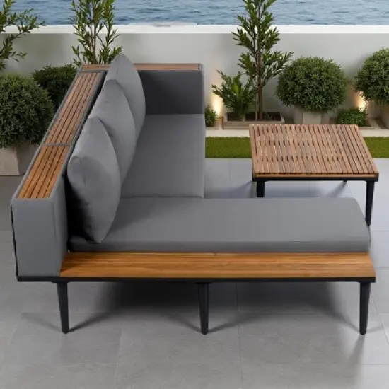 89.4" Outdoor Patio L-Shaped Acacia Wood Sectional Sofa Set with Coffee Table and Side Table image {9}