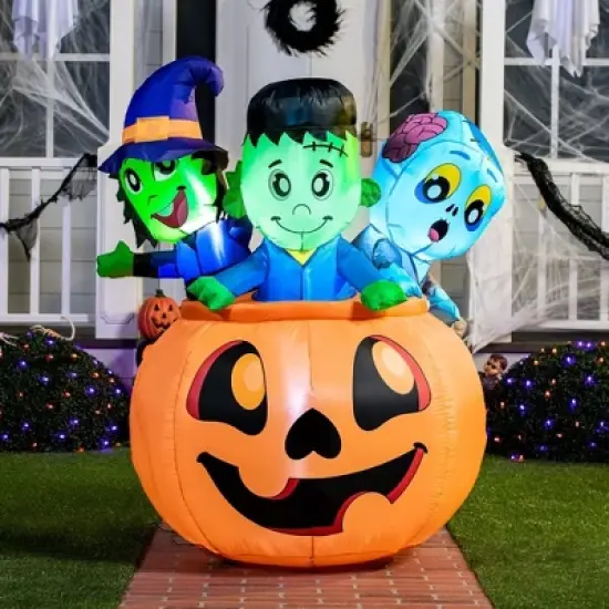 Joyfy 5 FT Tall Halloween Inflatables Outdoor Decorations, Inflatable Witch and Zombie on Pumpkin with LEDs for Halloween Party Yard Lawn Garden Decor image {3}