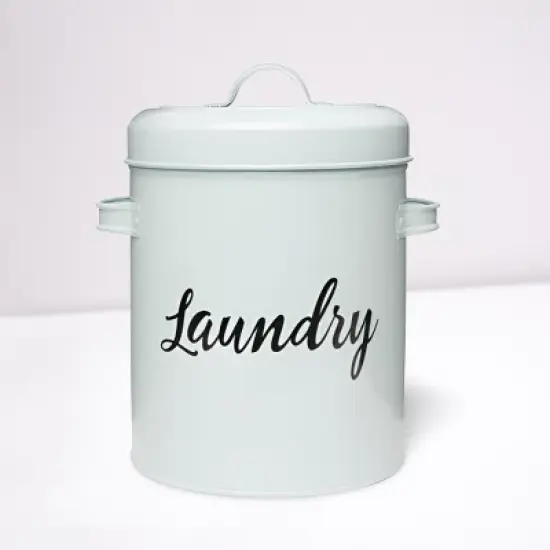 Amici Home Launderette Metal Storage Canister, Round Canister w/ Powder Coat Finish Script Style Lettering, Side Handles & Lid Handle image {2}