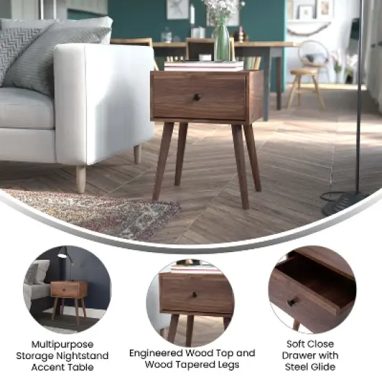 Flash Furniture Hatfield Mid-Century Modern One Drawer Wood Nightstand, Side Accent or End Table with Soft Close Storage Drawer, Dark Walnut image {3}