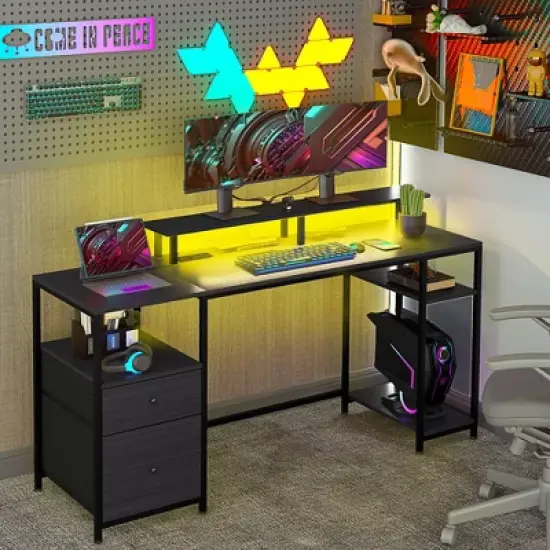 HOMCOM 61" Computer Desk with Lights, Power Outlets, USB Ports, Gaming Desk with Storage Shelves, Monitor Stand, Fabric Drawers image {2}