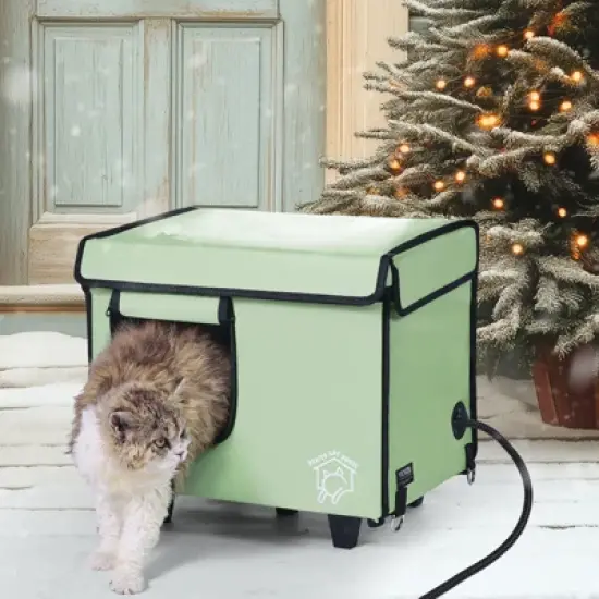 VEVOR Elevated Heated Cat House, Cuboid Kitty Shelter with Adjustable Temperature and Timer, 900D Oxford Cloth Foldable Cat Shelter, Green (Small) image {1}