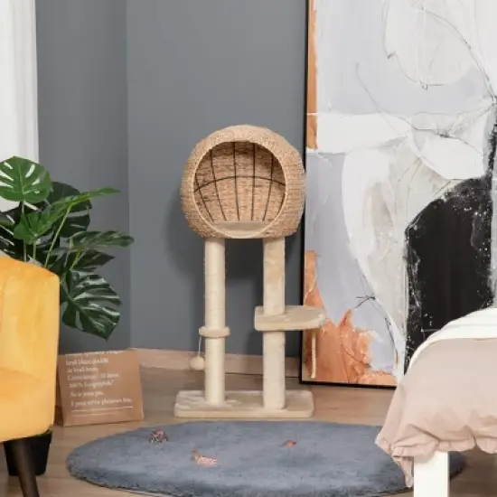 PawHut Cat Tree with Sisal Scratching Post Condo and Hanging Rope 44.5" H, Beige image {2}