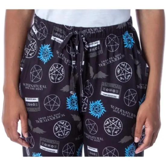 Supernatural Womens' Join The Hunt Anti-Possession Castiel Logos Pajama Pants Black image {2}