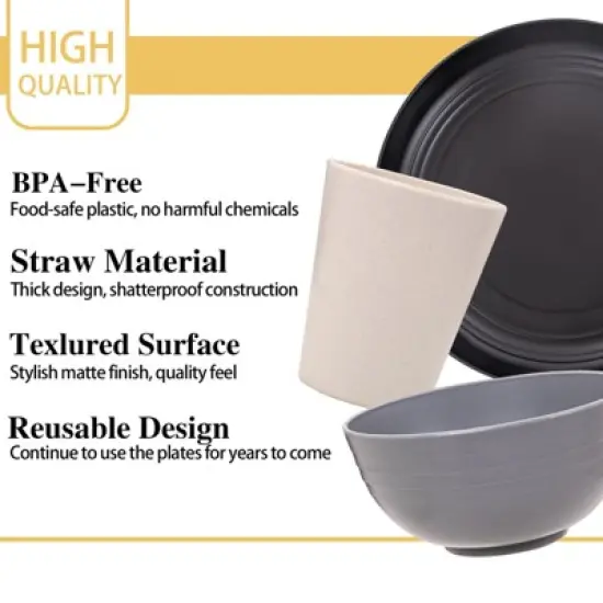Itopfox Wheat Straw Dinnerware Set, 16PCS Unbreakable Microwave Safe Plates & Bowls for Kitchen & Camping, Eco-Friendly Dishware image {6}