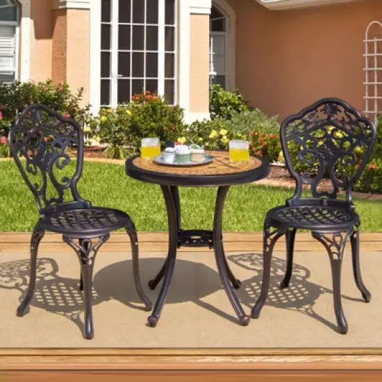 Tangkula 3-Piece Cast Aluminum Bistro Set Outdoor Patio Bistro Table Set Outdoor Round Bistro Table and Chairs for Porch image {1}