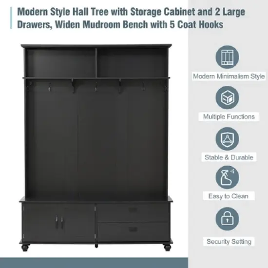 Modern Style Hall Tree With Storage Cabinet 2 Large Drawers Widen Mudroom Bench With 5 Coat Hooks For Entryway Living Room image {2}