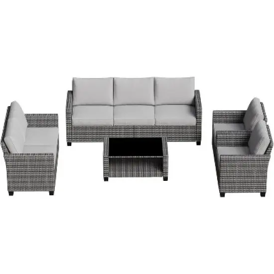 Patio Furniture Sets 6 Pieces, PE Wicker Modern Patio Conversation Set with Storage Cushions image {7}
