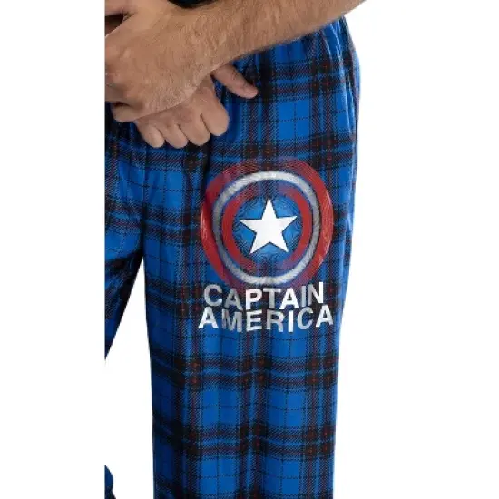 Marvel Mens' Captain America Shield Logo Plaid Pajama Lounge Pants Blue image {2}