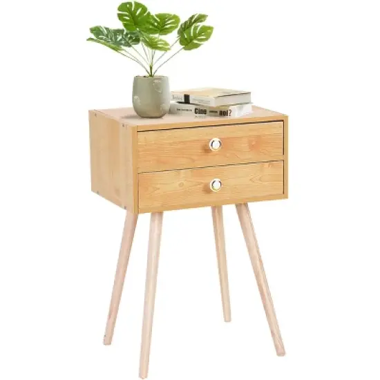 Costway Mid Century Modern 2 Drawers Nightstand In Natural Sofa Side Table End Table image {9}